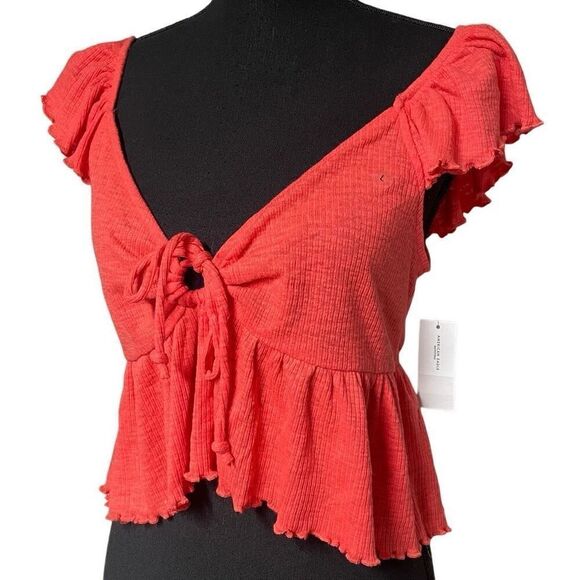 American Eagle Bright Coral V Neck Keyhole Top - L - Picture 2 of 8